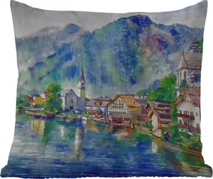 Подушка для улицы - Живопись - Масляная краска - Дом - Горы - Вода - 45x45 см - Устойчива к атмосферным воздействиям - Подушка для отдыха - Фотоподушка - Декоративная подушка MuchoWow