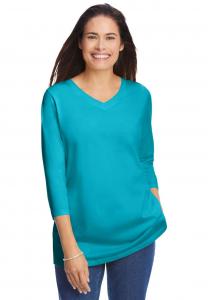 Футболка больших размеров с рукавами три четверти и V-образным вырезом Woman Within, Pretty turquoise