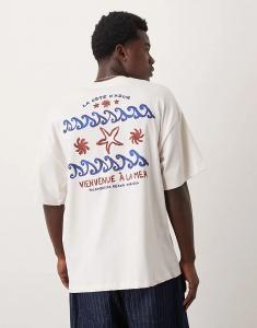 Футболка Selected Homme свободного кроя с принтом «море» в кремово-белом цвете