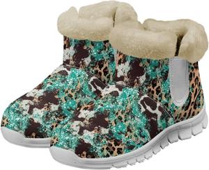 Gekhuqory Женские зимние снегоходные сапоги с принтом коровы и леопарда, теплые, с нескользящей подошвой, короткие ботильоны с меховой отделкой, удобные плюшевые сапоги с меховой подкладкой для путешествий и походов