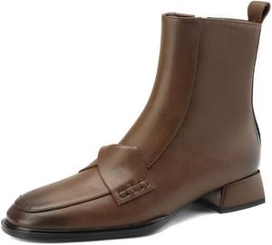 Женские ботильоны TinaCus из натуральной кожи, ручная работа, с круглыми носками, низким массивным каблуком и боковой молнией, повседневные, Brown