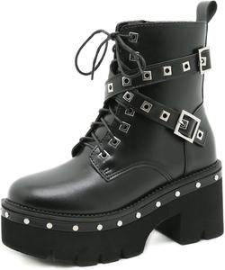 Женские модные ботильоны Myallfeet на платформе с шнуровкой и боковой молнией, с заклепками в стиле панк - модные черные ботинки с круглым носком, готические мотоциклетные ботинки на платформе с заклепками