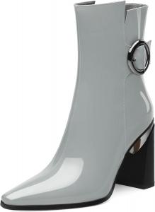 Женские ботильоны, лаковые с заостренным носком, боковой молнией и высоким каблуком, короткие ботинки, женские ботинки на массивном каблуке, удобные ботинки 3,5 дюйма Heisnemca, Grey Patent