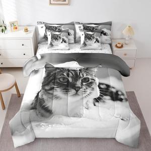 Erosebridal Комплект постельного белья Cat с милыми котятами и бородой, бело-серый, для всех сезонов, White Grey