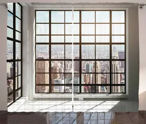 Шторы ABAKUHAUS Рустикальный пейзаж, Городской пейзаж в современном стиле, универсальные ленточные шторы для гостиной с петлями и крючками, 280 x 225 см, светло-коричневый, белый и черный Abakuhaus