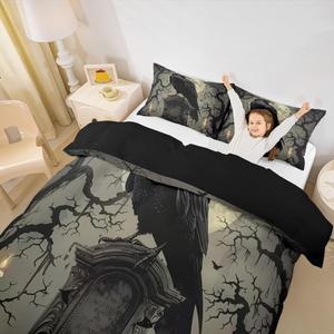 Erosebridal Комплект постельного белья Halloween Crow с принтом воронов и надгробий в готическом стиле черно-серого цвета, Grey Yellow Black