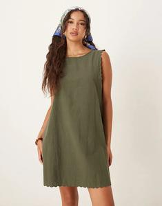 Мини-платье Vila из хлопка с фестончатым краем цвета хаки