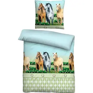Детское постельное белье Biberna "Лошади", 135/200+80/80 см, дышащее, 100% хлопок, молния, цвет pistaziengrün