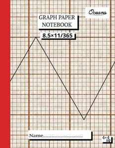 OCEANO - Graph Paper Exercise Notebook 8.5×11 / 365 Pages: Red Grid Design - 4×4 per Inch - Ideal for Student, Engineers, Artist, and Professionals (Eduation and Work Journal)