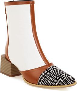 Женские ботильоны VOKLIN с квадратным носком, классические вестерн сзади на молнии, с массивным каблуком средней высоты, короткие модельные ботинки, White/Brown-Velvet Lined