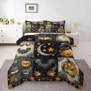 Erosebridal Готический комплект постельного белья Bats Halloween с принтом ведьминских шляп, тыкв, паутины и лунных звёзд, Orange Black