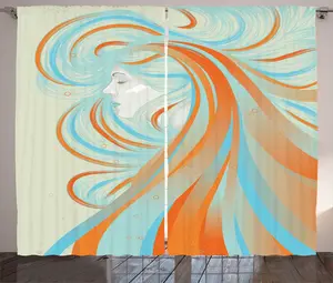 Штора ABAKUHAUS в деревенском стиле, с изображением длинноволосой женщины, присборенная тесьма для спальни с петлями и крючками, 280 x 225 см, цвет оранжевый и небесно-голубой Abakuhaus