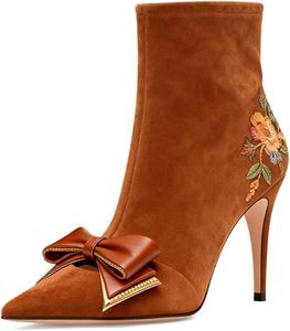 Женские ботильоны XYD с острым носком и бантом, на каблуке-стилетто, с молнией, элегантной цветочной вышивкой, для ужинов и свадеб, Orange Brown