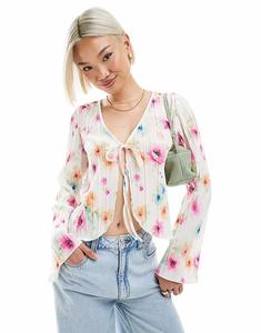 Топ Pieces plisse с длинными рукавами и завязкой спереди, с белым цветочным принтом