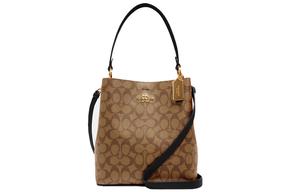 Городская холщовая сумка с кожаной отделкой, ведро, женская, средняя, коричневая, COACH