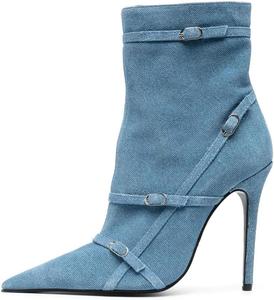 Женские модные ботильоны FSJ на высоком каблуке с заклепками, закрытым заостренным носком, шпильки, молния, осенне-зимняя обувь, размеры 4-15 М US, Blue Denim