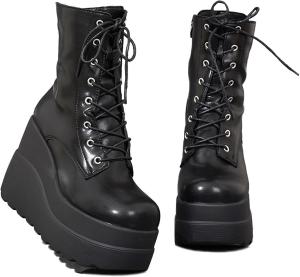 Готические боевые ботильоны на шнуровке для женщин с круглым носком, платформой и массивной танкеткой, с боковой молнией, панк-мотоциклетные ботинки ZPRGZPG, Black