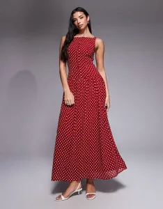 Эксклюзивное платье макси в красно-белый горошек с высоким квадратным вырезом и заниженной талией Kaiia