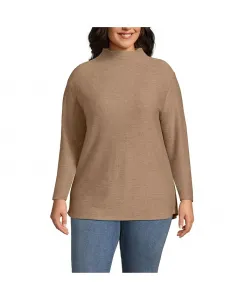 Туника большого размера с длинными рукавами и воротником-стойкой, свободного кроя, с каймами и воротничком-воронкой Lands' End, коричневый