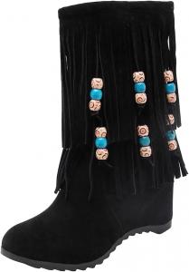 Женские замшевые ботинки с бисером и кисточками, модные винтажные ботинки с круглым носком, боковой молнией, средние по голенище, на танкетке Gladtbser, Black