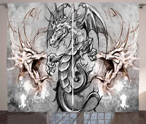 Штора ABAKUHAUS Дракон в деревенском стиле, эскиз страшного существа, универсальные ленточные шторы для гостиной с петлями и крючками, 280 x 225 см, цвет: умбра, коричнево-серый Abakuhaus