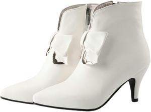 Женские модные короткие ботильоны с острым носком на высоком каблуке. Для повседневной работы и общения. Украшены бантом. Молния сбоку. Fusecottc, White