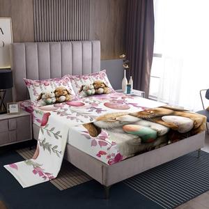 Erosebridal Комплект постельного белья Happy Easter с милыми кроликами, розовыми розами и ботаническими листьями для детской спальни, Pink Purple Brwon