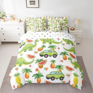 Erosebridal Комплект постельного белья King Size с мультяшными динозаврами и тропическими фруктами для мальчиков, Green Yellow