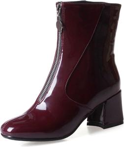 Женская мода Ботильоны с толстым средним каблуком Праздничные ботинки с круглым носком и молнией спереди Зимние осенние короткие ботинки JOEUSTY, Wine Red