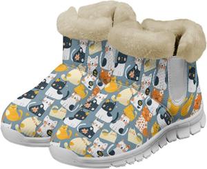Женские зимние пушистые снежные ботинки с животным принтом, короткие ботинки с мягкой теплой меховой подкладкой для улицы, противоскользящие ботильоны, размер US6-12 Qoiuvncy, Cats Print