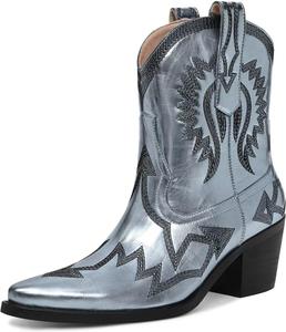 Женские вестерн-сапоги Металлическая вышивка Заостренный носок Ковбойские сапоги с толстым каблуком Сапоги на короткой шпильке Сапоги для широкой икры Стиль кантри HOCHFART, B Blue