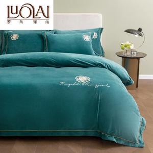 LUOLAI HOME Комплект постельного белья 4 предмета, простыня на резинке 180*200 см, пододеяльник 220*240 см, велюр, цвет камелия лейк блю