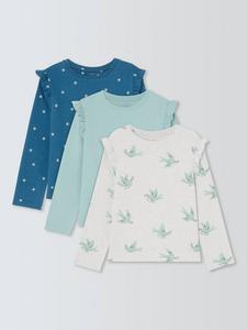 Детские топы с цветочным и птичьим принтом и оборками на рукавах John Lewis, Pack of 3, Blue
