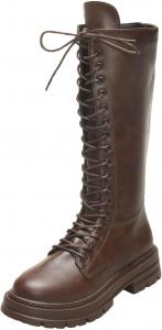 Женские сапоги с шнуровкой, военные, высокая голень и широкая голень, кожаные из ПУ, с округлым носком, на платформе, в стиле панк/готика, с нескользящей подошвой и боковой молнией Generic, Brown