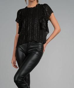 Черный топ с мерцающими воланами на рукавах ELAN