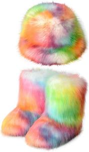 Женские зимние сапоги YESBOR с искусственным мехом, теплые пушистые шапка-ведро и радужная рыбацкая кепка, Multicoloured