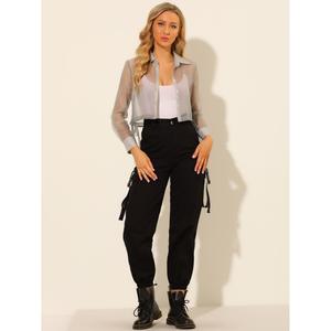 Женская прозрачная верхняя куртка с длинными рукавами и завязками на пуговицах, укороченная сетчатая прозрачная куртка ALLEGRA K, черный