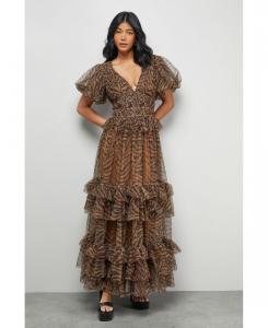 Женское длинное платье из тюля с зебровым принтом и оборками Warehouse, Animal