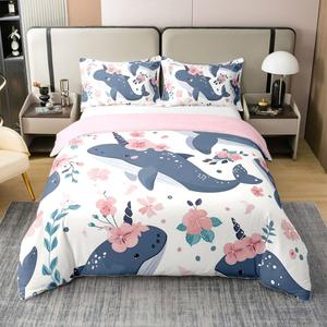 Erosebridal Комплект постельного белья Unicorn Whale из 100% хлопка с милым мультяшным принтом морских животных в голубых тонах и цветущей сакуры, Pink Blue White