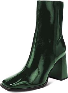 Женские ботильоны XYD с высоким массивным каблуком, закрытым квадратным носком, боковой молнией, короткие, из лакированной кожи, на зиму и осень, для улицы, стильные, Green