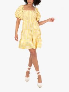 Платье-мини в горошек с пышными рукавами в стиле молочницы Lovedrobe, Yellow Gingham