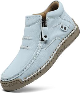 Женские кожаные ручной работы ботинки до щиколотки с боковой молнией, повседневные легкие ботинки средней высоты для хайкинга, удобные нескользящие туфли для вождения и прогулок BOEGBNW, Light Blue