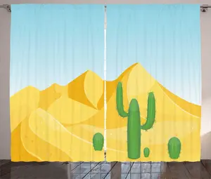 Штора ABAKUHAUS Дюна Рустик, Дикая природа с кактусами, универсальная ленточная штора для гостиной с петлями и крючками, 280 x 225 см, цвет бледно-голубой, горчично-зеленый Abakuhaus