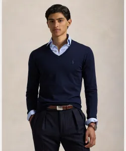 Приталенный шерстяной свитер с V-образным вырезом, пригодный для стирки Polo Ralph Lauren, цвет 400 Blue