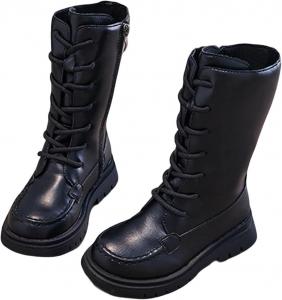 Девочковые Ботинки до Полусапога Водонепроницаемые С Завязками и Молнией Сбоку, Тактические Ботинки до Полусапога, Искусственная Кожа, Ботинки для Верховой Езды, Осень/Зима Generic, Black
