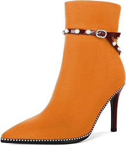 Женские ботильоны SAMMITOP, короткие сапожки с заостренным носком, стойка-кубита на высоком каблуке, модные туфли с бусинами, жемчужной пряжкой, для платья, каблук 4 дюйма