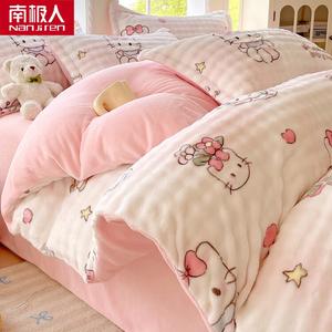 Antarctic Комплект постельного белья из 4 предметов (простыня на резинке 180 см, пододеяльник 200х230 см), молочный вельвет, флисовая подкладка, утепленный, дизайн Adorable Cat