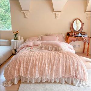 Generic Комплект постельного белья из хлопка с французским кружевом и рюшами в романтическом стиле