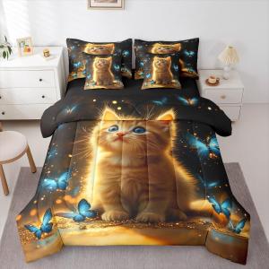 Erosebridal Комплект постельного белья Kawaii Orange Cat Queen с 3D принтом светящихся котят для детей и взрослых, Blue Yellow