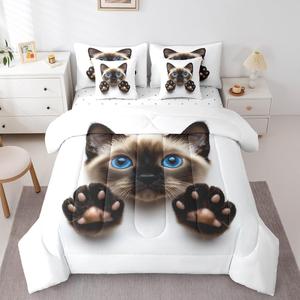 Erosebridal Комплект постельного белья Cute Cat Kids с милыми котятами и кошачьими лапками в голубых тонах, Blue White Brown